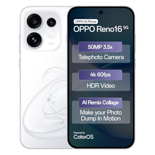 Oppo Reno16 5G (Starry White, 8GB, 256GB) | 3D Design | 50MP 3.5X Telephoto Camera | 4K 60fps HDR Video | AI Remix Collage | Snapdragon 7 Gen 4 |