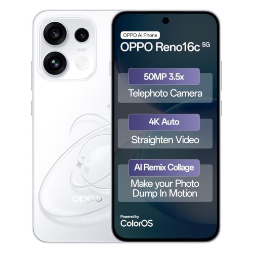Oppo Reno16c 5G (Starry White, 8GB, 256GB) | 3D Design | 50MP 3.5X Telephoto Camera | 4K Video | AI Remix Collage | 7000mAh 80W SUPERVOOC | ColorOS 16