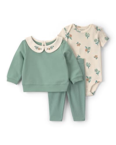 Carter's Conjunto de 3 peças de body para meninas, verde floral, 12 meses
