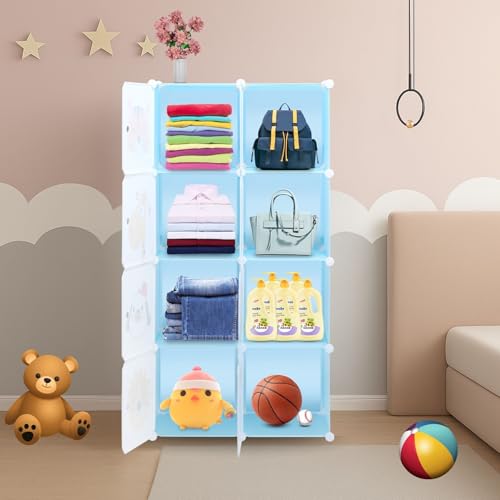 Animal Friendly Wardrobe | 8 Cube Modular Plastic Storage Cabinet for Kids | Blue Matte Toy and Clothes Organizer Unit | Lightweight Children Bedroom 