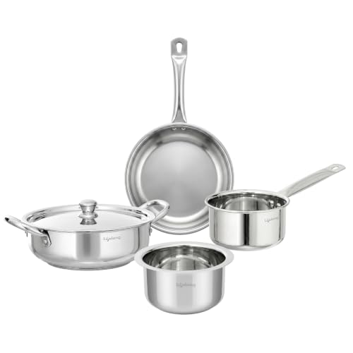Stainless Steel Cookware Set of 5, Silver, Induction Compatible with Kadhai, Fry Pan, Saucepan, and Tope, Dishwasher Safe