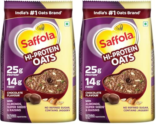 Saffola 25g High Protein Oats | 14g High Fibre | 1kg | Chocolate flavour | No Refined Sugar | With Almonds, Raisin, Pumpkin and Chia Seeds | Rolled Oa