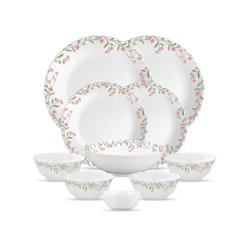 La Opala Opal Glass Crockery | for Family of 2 | Dinner Set 10 pcs Spring Meadows | Plates & Bowls for Dining | Microwave Saf
