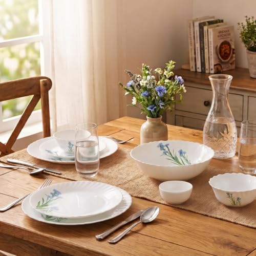 Novo By La Opala Opalware Dinner Set 10 Pieces for Family of 2,Blue Florets | Microwave & Dishwasher Safe Crockery Set for Home, Bone-Ash Free Bowls &