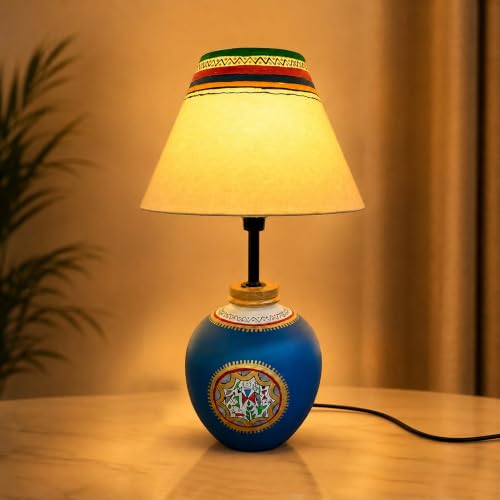 Amazon Basics Warli Whispers Blue Table Lamp | Hand-Painted Blue Base with Cream Fabric Shade | E14 Holder | Decorative Night Lamp for Bedroom, Living