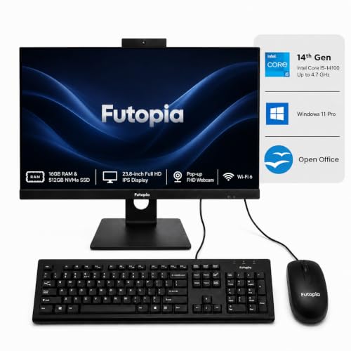 FUTOPIA 23.8" Full HD IPS All-in-One Desktop | Intel Core i5-14400 (Up to 4.70GHz) | 16GB RAM | 512GB NVMe SSD | Pop-up FHD Webcam | Wi-Fi 6 | Windows