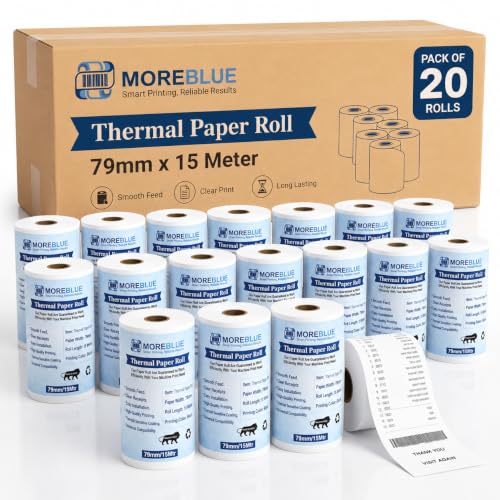 MOREBLUE® 79mm x 15m Pack of 10 POS White Thermal Paper Rolls, Smooth Print Billing Paper for POS Printer, Credit Card Machine & Petrol Pump Receipts