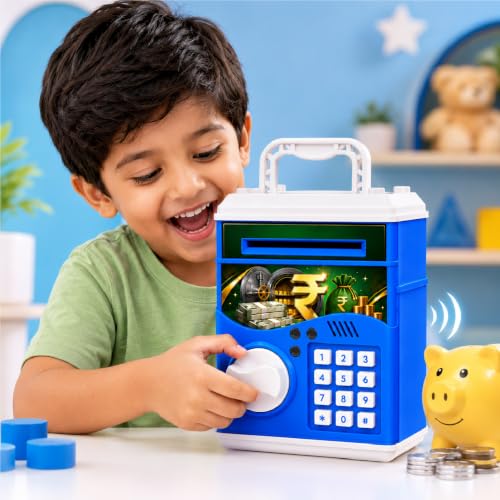 Lifelong Cuppy ATM Money Bank (Blue) for Kids | Digital Money Bank with Light, Sound & Cash Coin Slot | Password Protected Electric ATM Machine | AAA 