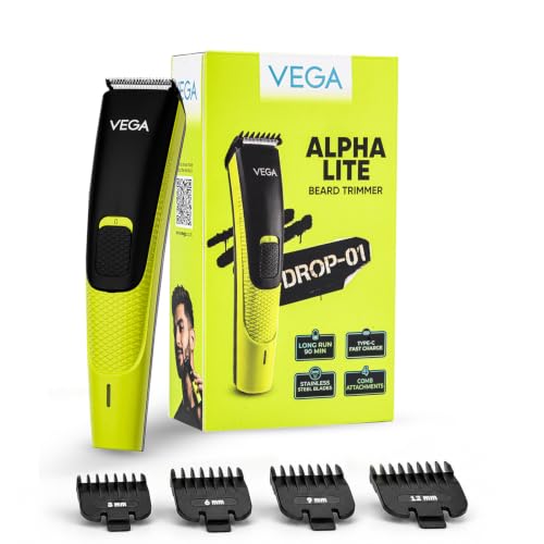 Alpha Lite Beard Trimmer for Men, Self-Sharpening Blades, Trimmer for Man, 4 Comb Attachment, Up to 6 Weeks Runtime 1 Charge, USB Type-C 2X Fast Charg