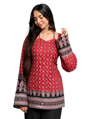 GRECIILOOKS Short Kurti for Women Latest – Printed Modern Tunic Top | Long Ethnic Wester Tops for Woman| Full Sleeve Indo Western Tunic | Comfortable 