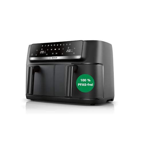 🔥 STARKER PREIS (-45%) Bosch Heißluftfritteuse Serie 4, Doppelkammer, 9L (2 * 4,5L) Airfryer Dual, 6 Programme, bis zu 230 Grad, spülmaschinengeeignet, PFAS frei, Schwarz, MAFD440B0