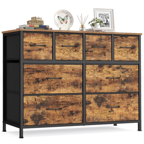 (-15%) SONGMICS Kommode mit 8 Schubladen, Aufbewahrungsschrank mit Stoffschubladen, Metallrahmen und Holzplatte, für Schlafzimmer, Flur, 98,7 x 30 x 74,7 cm, Rustikales Braun, BELLAH Kollektion LGS234K101