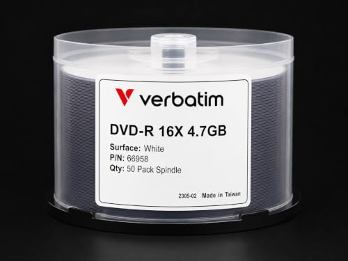 Verbatim 66958 DVD-R 16X 4.7GB Blank DVD, White Surface, Recordable DVD for Data Backup, Video Recording & Archiving, Made in Taiwan, 50-Pk Spindle