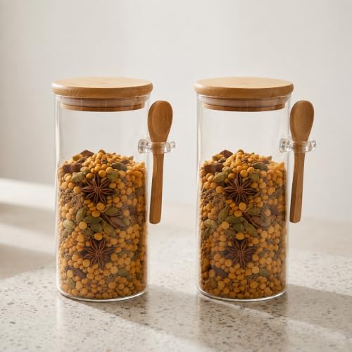 HomeWiz Glass Storage Jar Set of 2, 400ml with Bamboo Lid & Wooden Spoon - Airtight Kitchen Jars for Tea, Coffee, Sugar, Honey & Spices | Round Counte