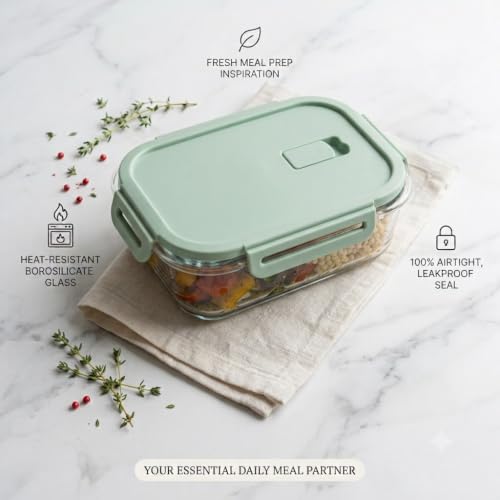 Glass Lunch Box 600ml | Microwave Safe Borosilicate Glass Food Container with Airtight Leak-Proof Lid | Lunch Box for Office, School, Meal Prep, Fridg