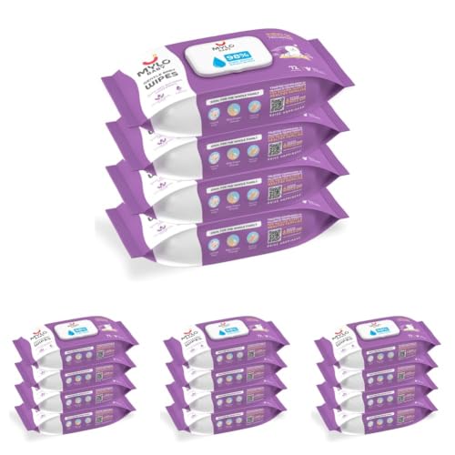 Mylo Gentle Baby Wipes with Lid (72 Wipes x 16 Pack - 288 Water Wipes) | Natural Wet Wipes with Organic Coconut Oil & Neem| Cotton Cloth with Extra Th