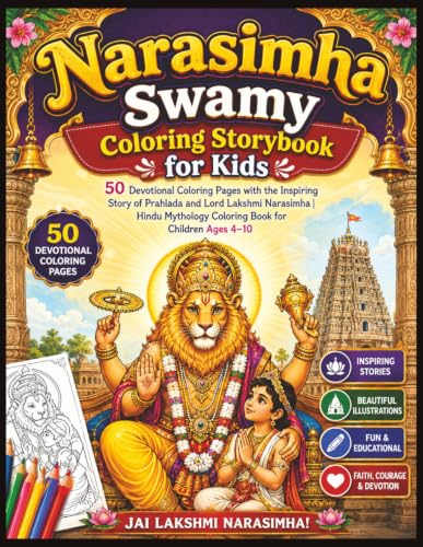 Narasimha Swamy Coloring Storybook for Kids: 50 Devotional Coloring Pages w...