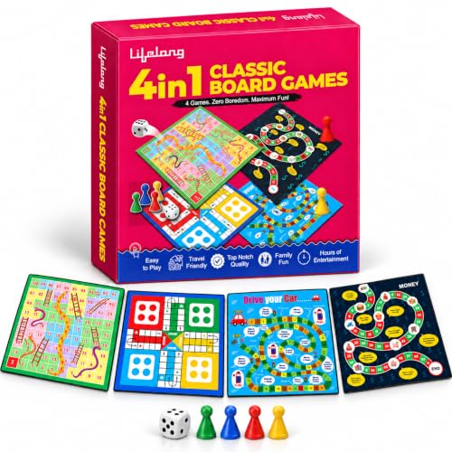 Lifelong 4-in-1 Classic Board Games Set | Ludo, Snakes & Ladders, Money Game & Drive Your Car | Indoor Educational Board Game Set with Dice & Pawns | 