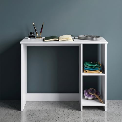 Luna Compact Study Table & Vanity Desk with 2-Tier Side Shelves - Modern Space-Saving Workstation for Bedroom | Premium Engineered Wood, Frosty White 