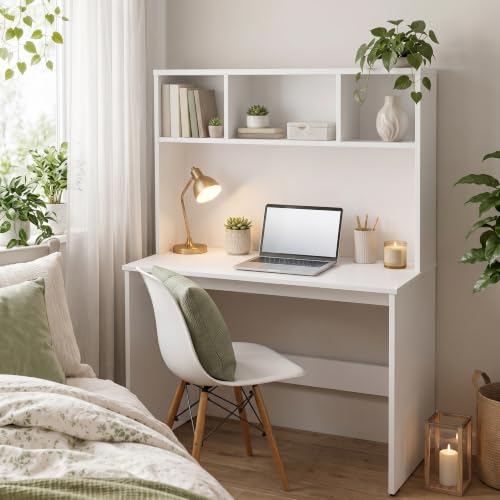 Aura Study Table with 3-Cubby Bookshelf Hutch - Modern Wooden Computer Desk for Home Office & Bedroom | Premium Engineered Wood, Frosty White (80 x 45