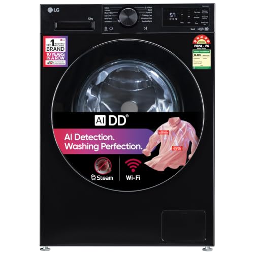 LG 12 Kg, 5 Star, AI DD Technology, Steam, Wi-Fi, Tempered glass door, Fully-Automatic Front Load Washing Machine (FX1412N3O, Reduce germs & allergens