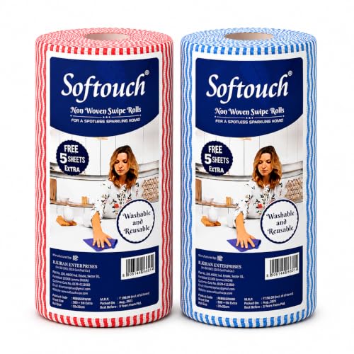 Softouch Non Woven Kitchen Towel Roll Pack of 2, 85 Wipes Per Roll – Reusable Cleaning Cloth Kitchen Cleaning Wipes for Countertop, Utensils, Oil, Spi