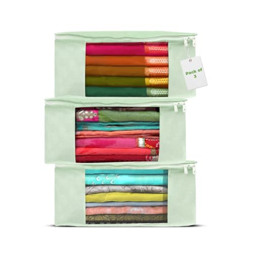 Trendy Home Saree Covers for Storage with Zipper Closure for Clothes | with Non Woven Material for Clothes, Green, Pack of 3