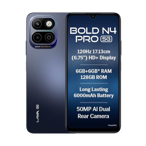 Lava Bold N4 Pro 5G (Monaco Blue, 6GB RAM, 128GB Storage) | 50MP AI Rear Camera | 6000mAh Battery with 18W Fast Charge | 500K+ Antutu | IP64 Rated |Cl