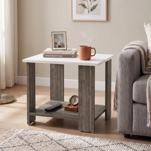 Echo 2-Tier Center Table & Side Table - Modern Dual-Tone Coffee Table for Living Room & Bedroom | Premium Engineered Wood, Frosty White & Dark Oak (47
