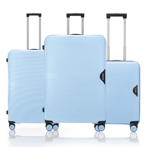 HRX Parabola 3-Piece Luggage Set Light Blue Polypropylene Hard Shell Suitcase Set - Premium Travel Trolley Bags with 8 Spinner Wheels, Number Lock & W