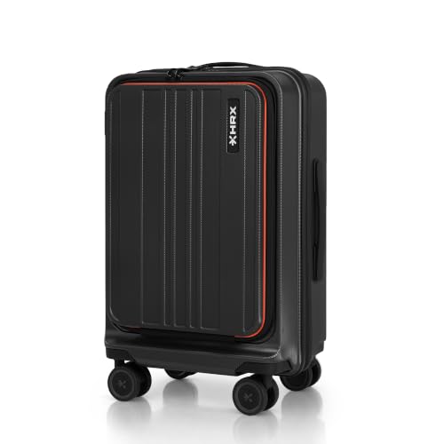 HRX Charcoal Grey Cabin Size Urban Laptop 2.0 Polycarbonate Hard Shell Suitcase with Front Laptop Compartment - Premium Travel Trolley Bag with 8 Spin