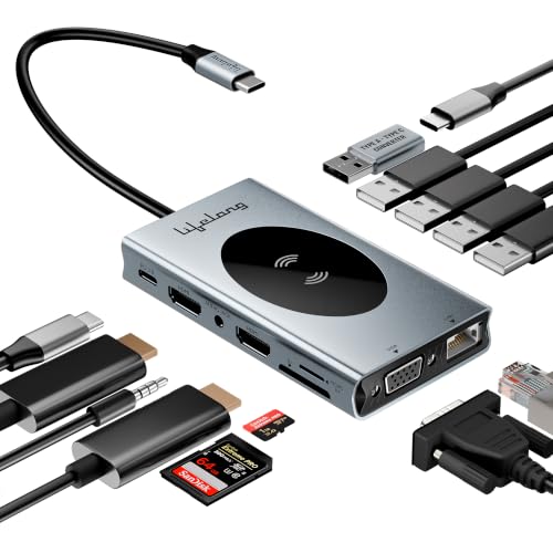 Lifelong Electronics 14-in-1 Type C Hub | Wireless Charging | USB C Dock | Docking Station for MacBook | Dual 4K HDMI | 5 USB 3.0 | Gigabit Ethernet |