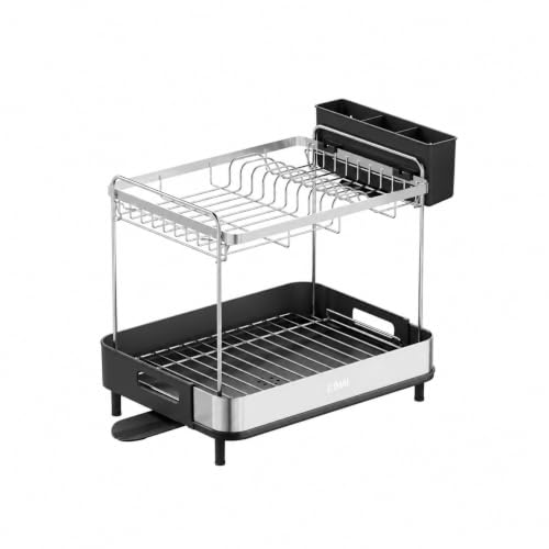 LUMAI Escorredor de Pratos e Louças Viena Grande com 2 Andares Aço Inox | 2 Níveis, Porta-talheres e Drenagem para a Pia — Organização Premium Para Sua Bancada Cozinha