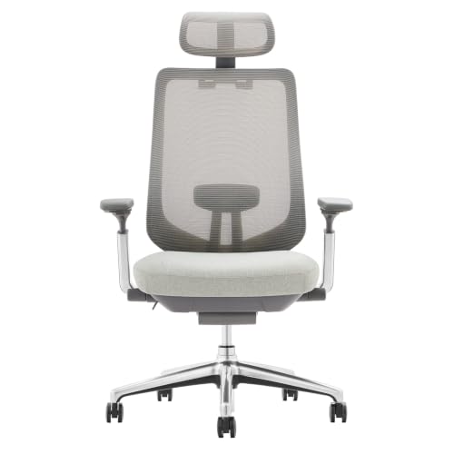 (-15%) COLAMY XK Atlas Chefsessel Ergonomischer Netz‑Bürostuhl mit hoher Rückenlehne, Verstellbarer Kopfstütze & 4D‑Armlehnen, Schiebesitz, Kippsperre, Aluminium‑Basis, Hellgrau