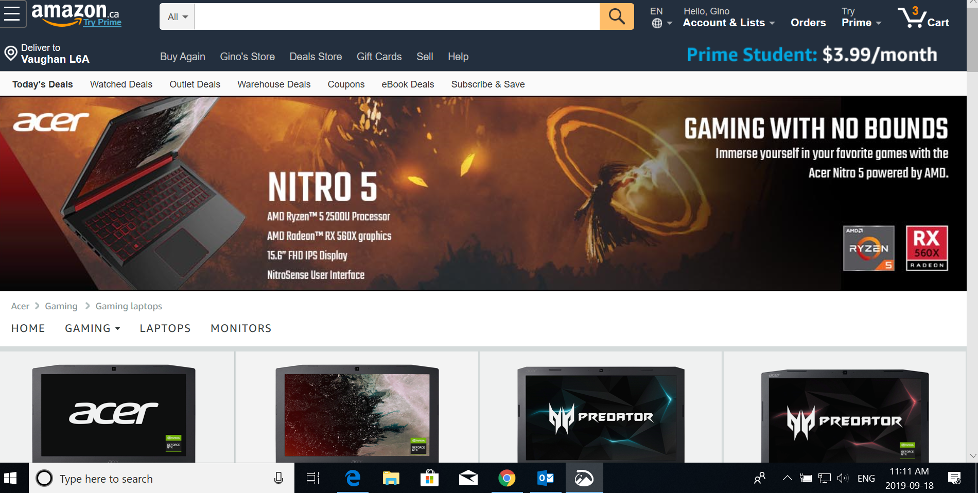 Amazon.ca Acer Gaming laptops