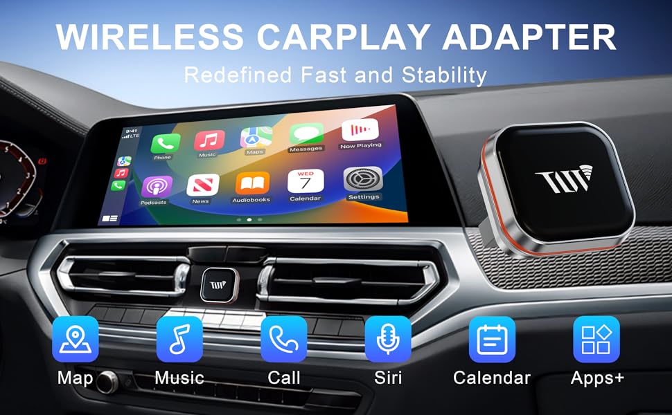 Wireless CarPlay Adapter displaying various apps like Map, Music, Call, Siri, Calendar