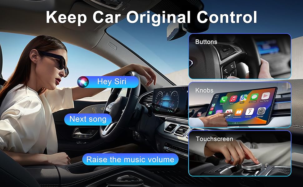 CarPlay interface showing control methods: buttons, knobs, touchscreen