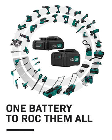 A circular arrangement of various VONROC 20V power tools surrounding two VONROC batteries, illustrating system compatibility.