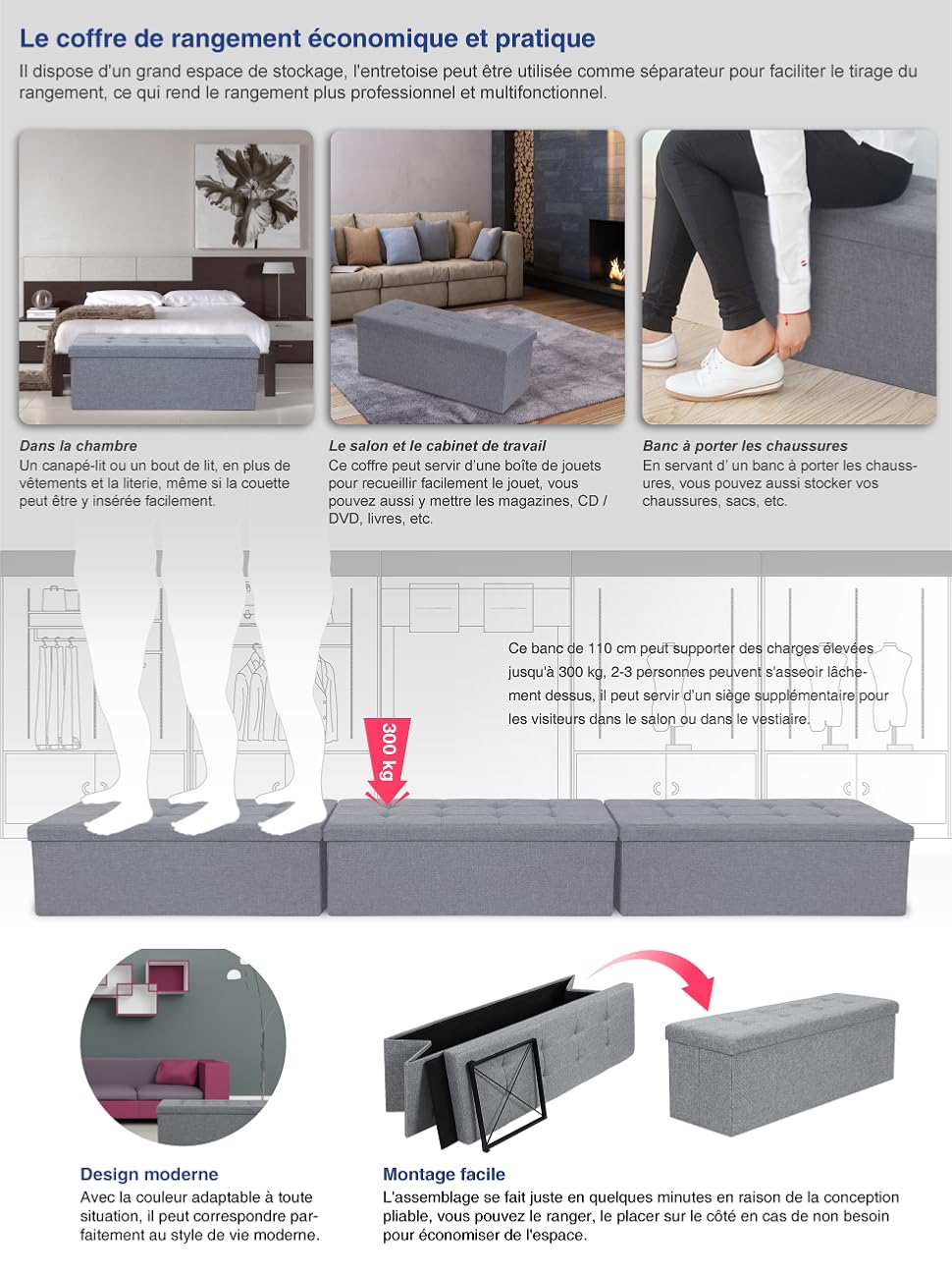 Banc De Rangement Pliable SONGMICS - Velours Côtelé Rose - 38x110x38 Cm, 131L - Charge 300 Kg - Pouf, Coffre, Repose-pieds - 7