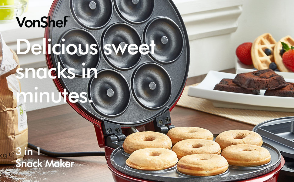 VonShef 3 in 1 Waffle, Brownie & Mini Doughnut Snack Maker Amazon.co