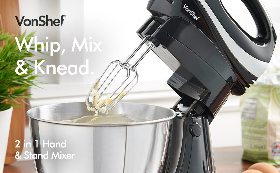VonShef 2 in 1 Twin Hand and Stand Mixer, Black, 300W with 5 Speeds