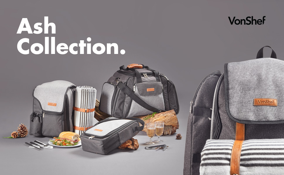 VonShef Ash 4 Person Picnic Backpack With Blanket Premium Woven Grey