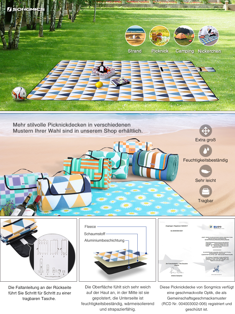 SONGMICS 200 x 200 cm Picnic Blanket Waterproof Backing Outdoor Beach