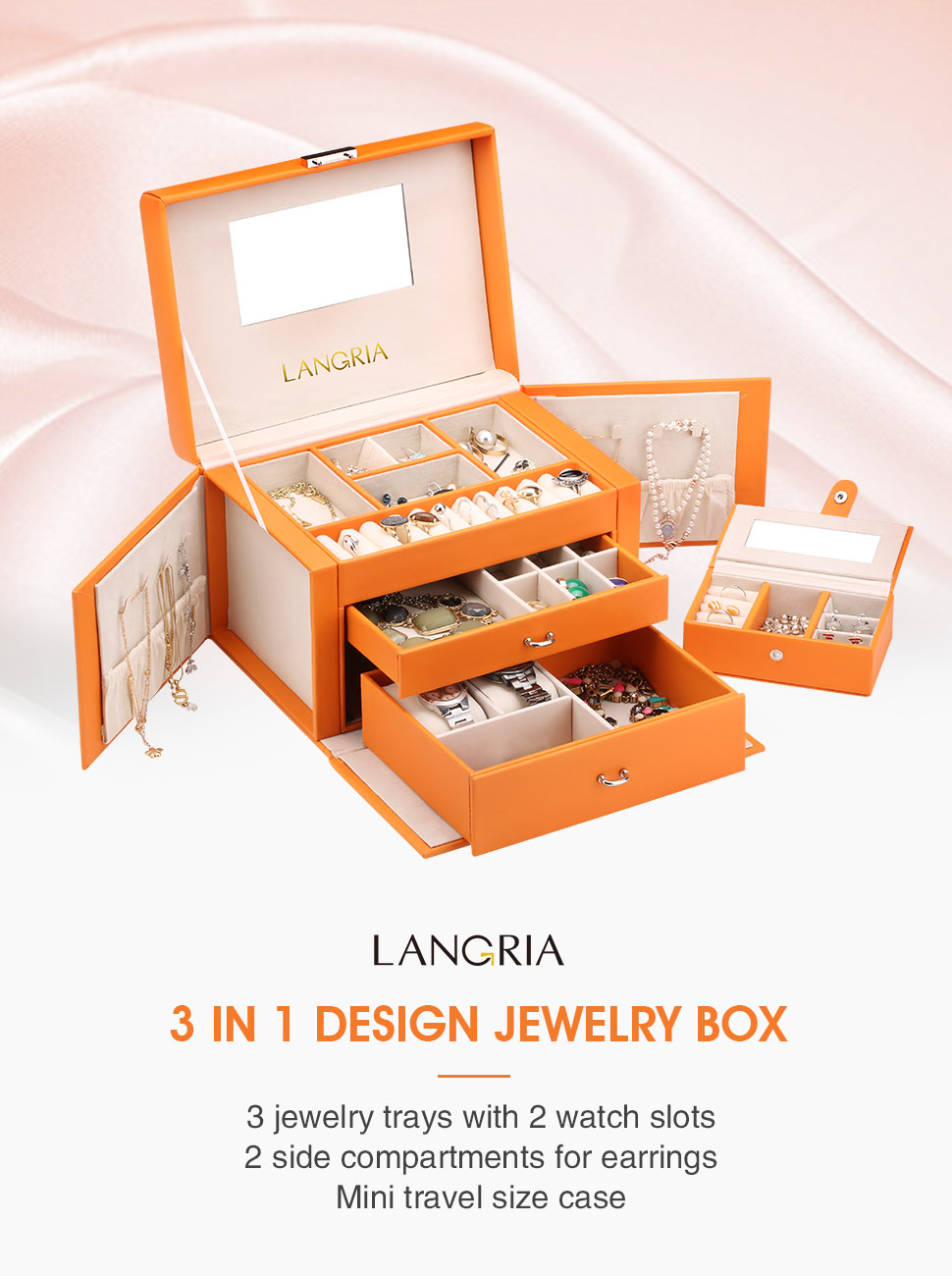 LANGRIA Rectangular Jewelry Box, Faux Leather and Soft