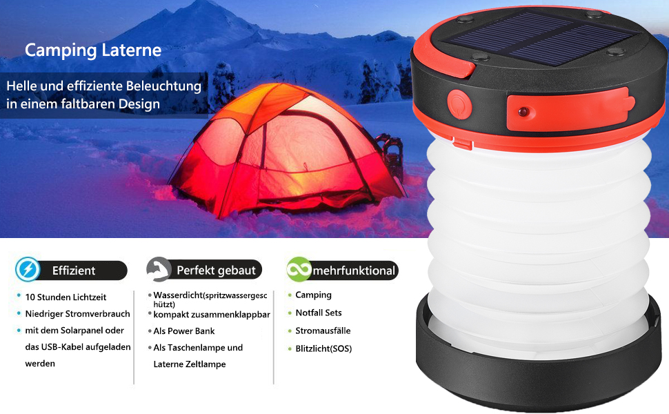 Liqoo® LED Campinglampe Solar Campingleuchte Camping Zelt Laterne