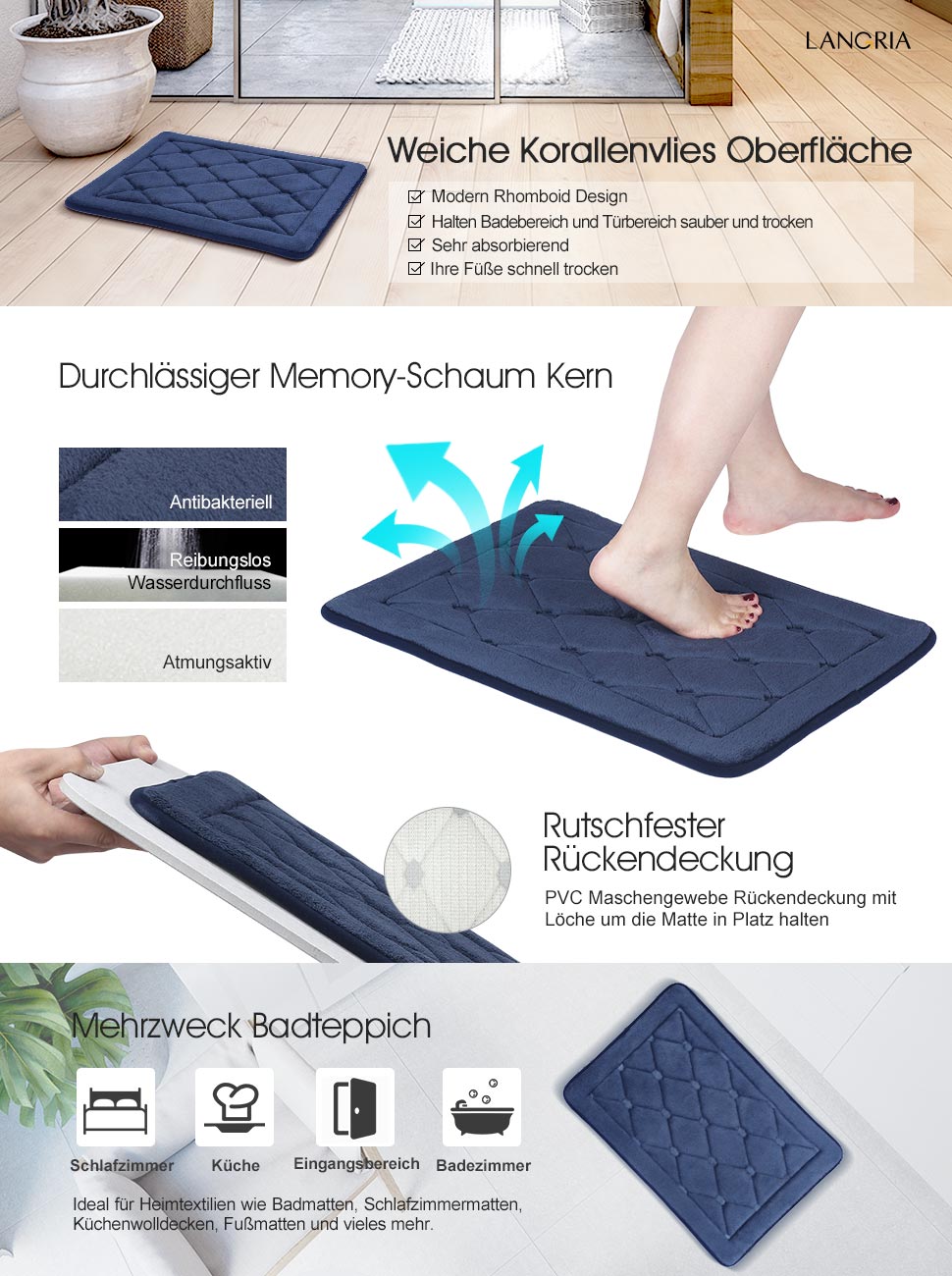 LANGRIA Badematte 17''x24 '' Schnell Trockend und Lüftend Badvorleger