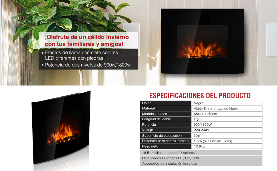 HOMCOM Chimenea Eléctrica tipo Estufa de Pared con Efecto Llamas y Luz