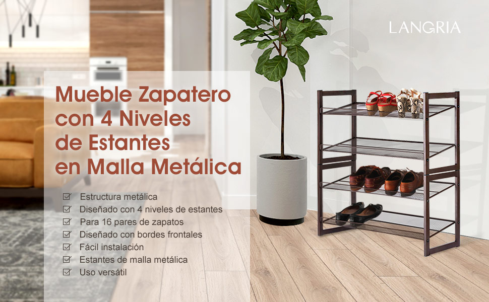 LANGRIA Zapatero Metálica de 4 Baldas Inclinadas, Mueble Organizador de