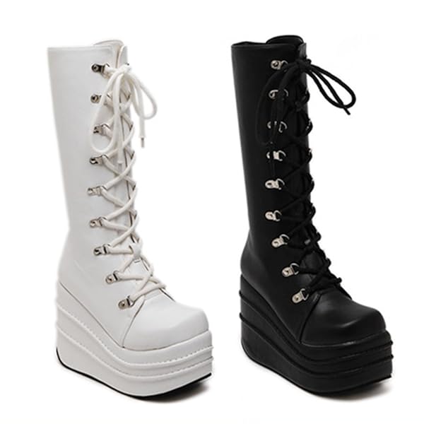 Amazon Cnstone 厚底ロングブーツ コスプレ ロングブーツ 編み上げ