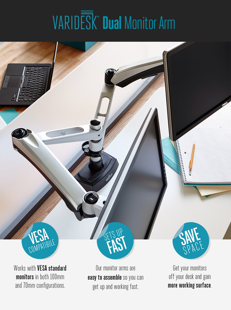 VARIDESK Monitor Arm FullMotion Spring Dual Monitor